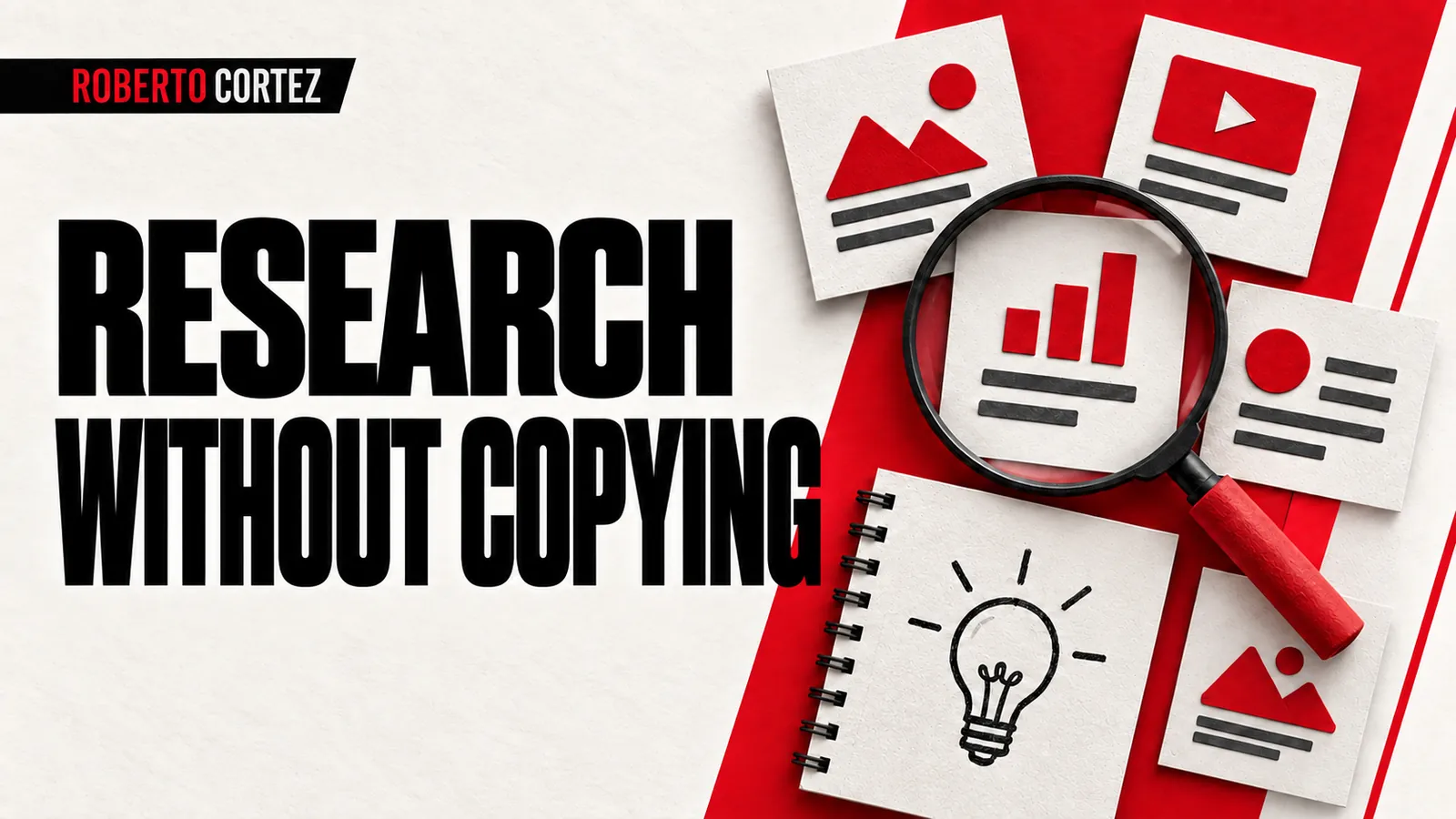 Research without copying: ad references examined through a magnifying glass beside an ideas notebook.