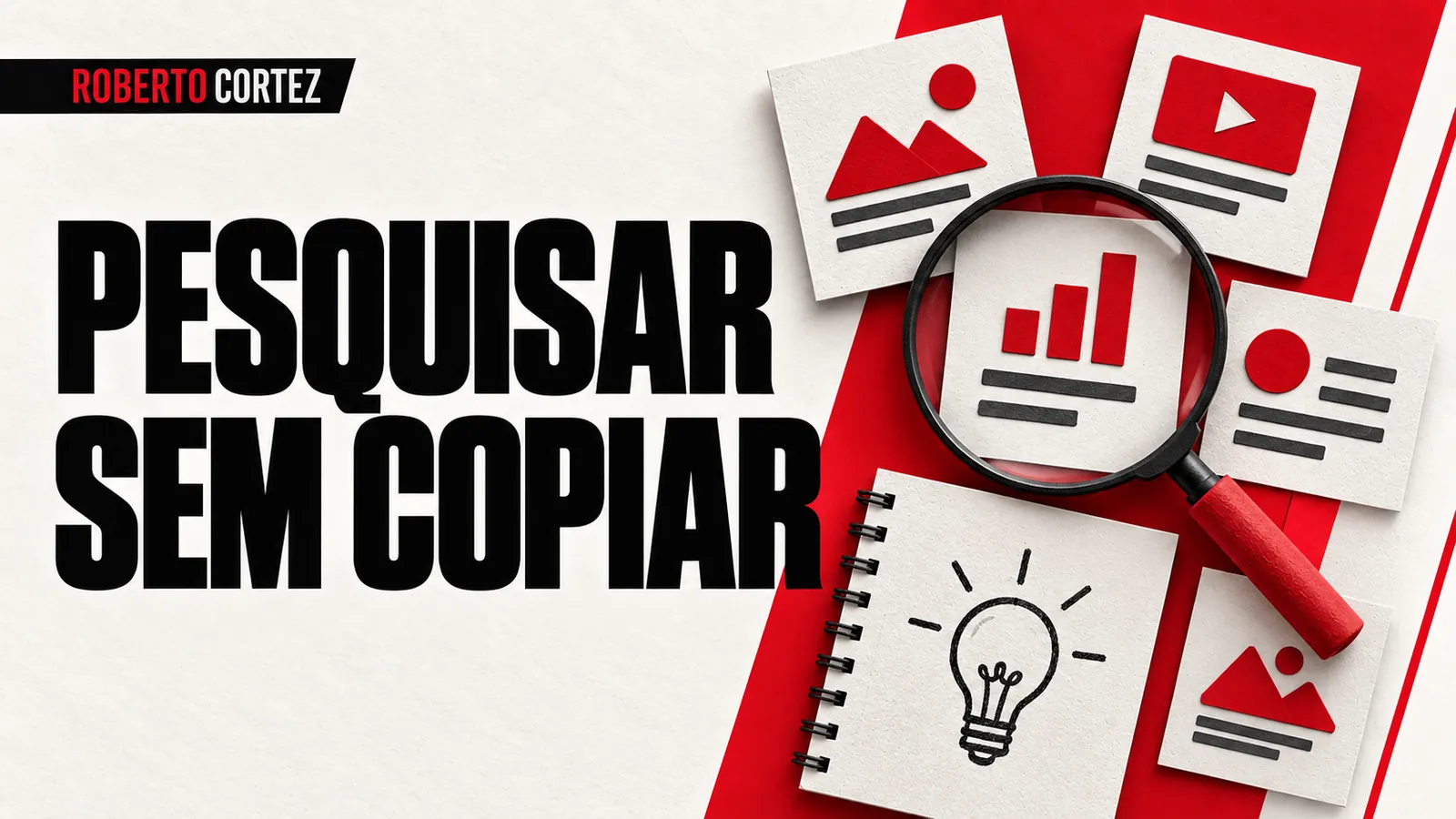 Pesquisar sem copiar: referências de anúncios observadas com uma lupa e um caderno de ideias.