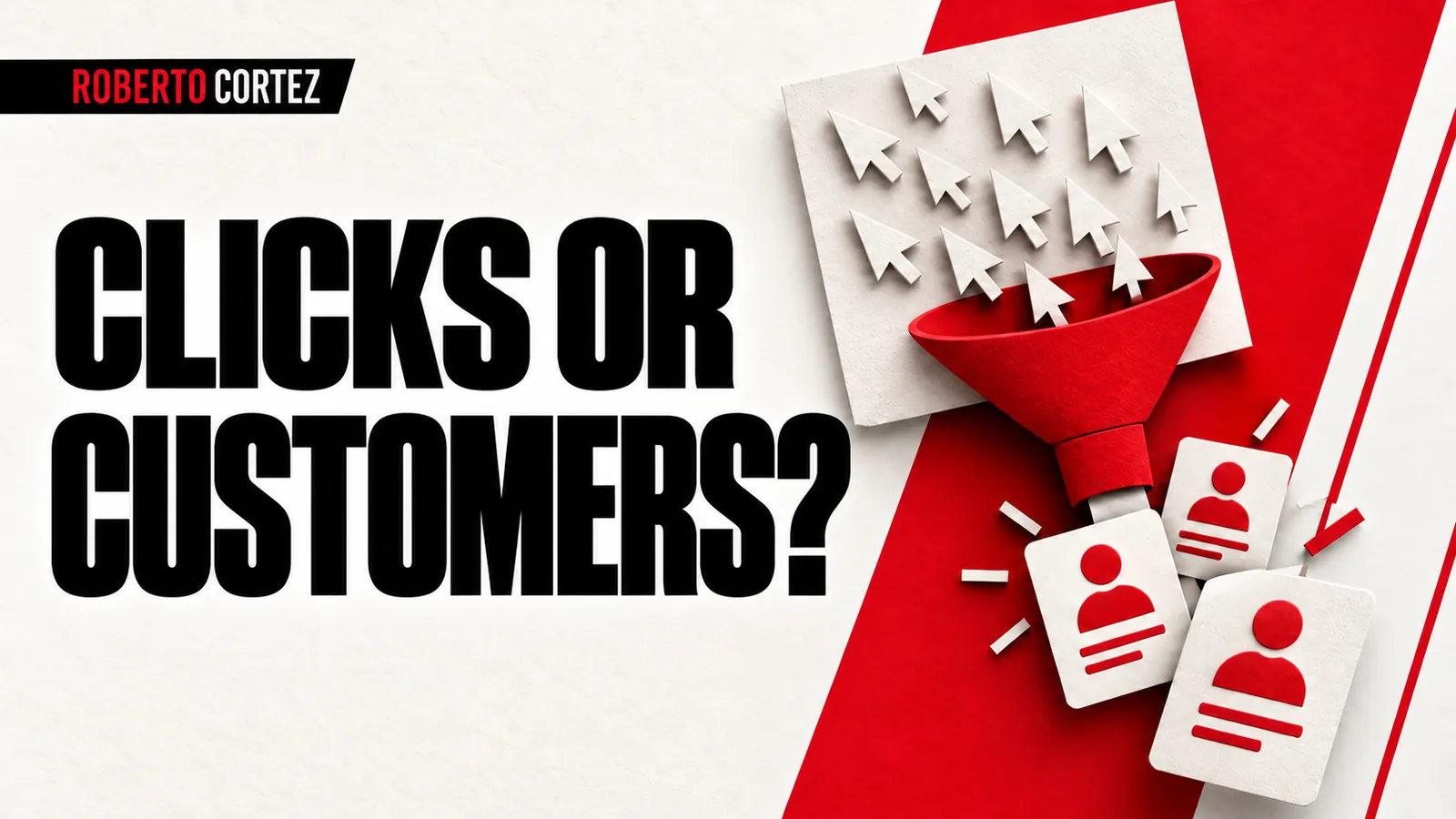 Clicks or customers: multiple cursors enter a funnel leading to customer profile cards.