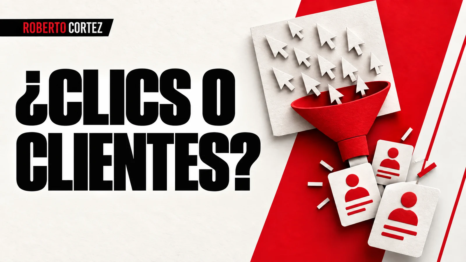 Clics o clientes: cursores entran en un embudo que conduce a fichas de clientes.