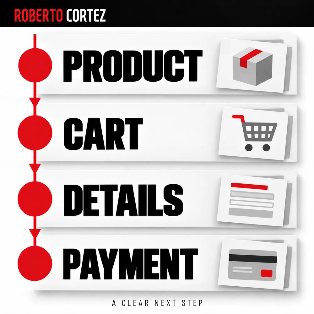 Product, cart, details and payment connected by a clear next step