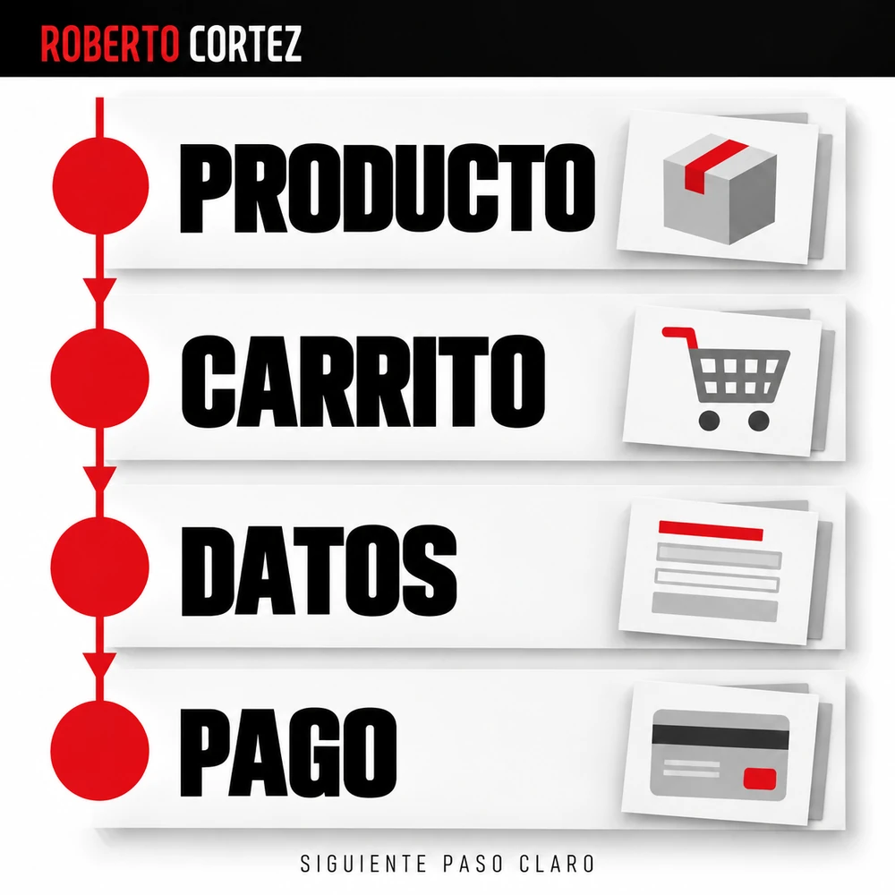 Producto, carrito, datos y pago conectados por un siguiente paso claro