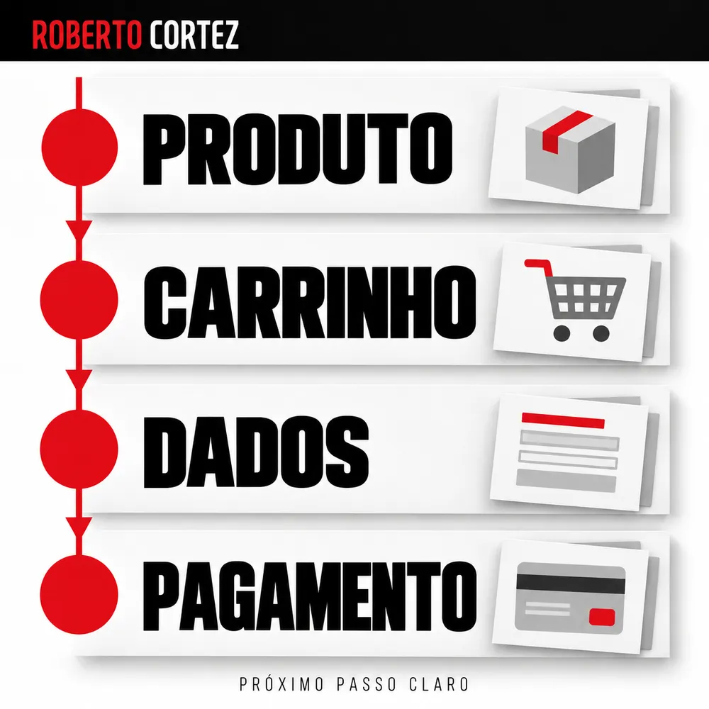 Produto, carrinho, dados e pagamento ligados por um próximo passo claro