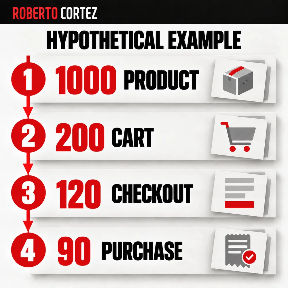 Hypothetical example: one thousand journeys at product, two hundred at cart, one hundred and twenty at checkout and ninety at purchase