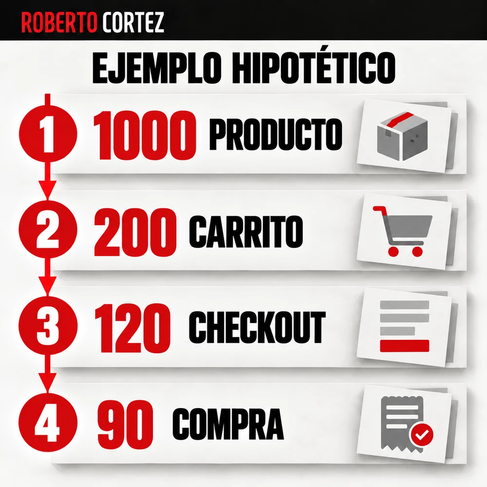 Ejemplo hipotético: mil recorridos en producto, doscientos en carrito, ciento veinte en checkout y noventa en compra