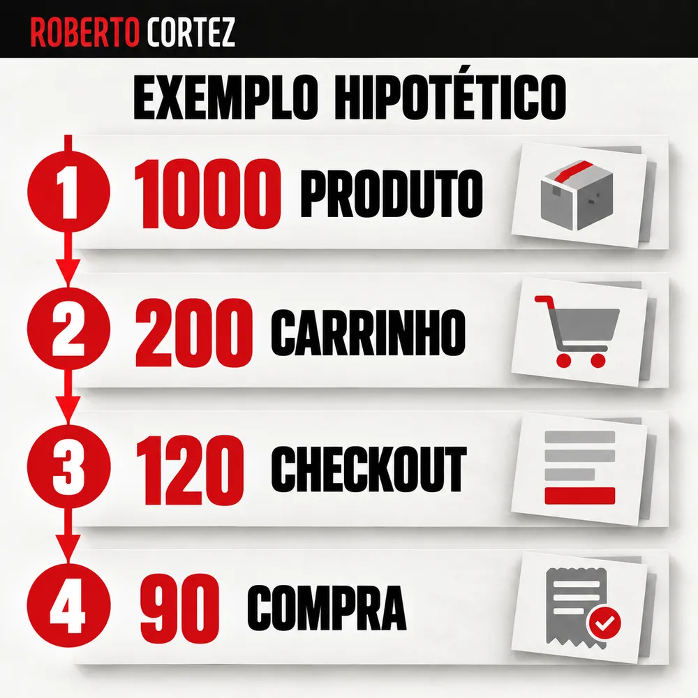 Exemplo hipotético: mil percursos no produto, duzentos no carrinho, cento e vinte no checkout e noventa na compra