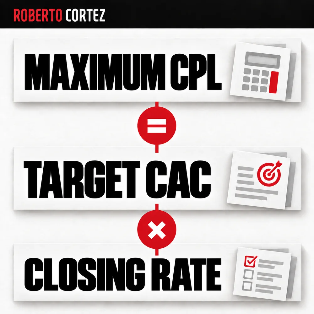 Maximum CPL equals target CAC multiplied by the closing rate. Use the rate as a decimal: 4% is 0.04. The limit depends on the business's margin and actual data.