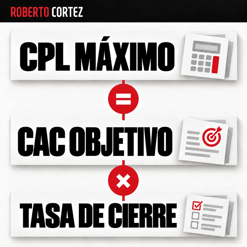 El CPL máximo resulta de multiplicar el CAC objetivo por la tasa de cierre. Usa la tasa en formato decimal: el 4% corresponde a 0,04. El límite depende del margen y de los datos reales del negocio.