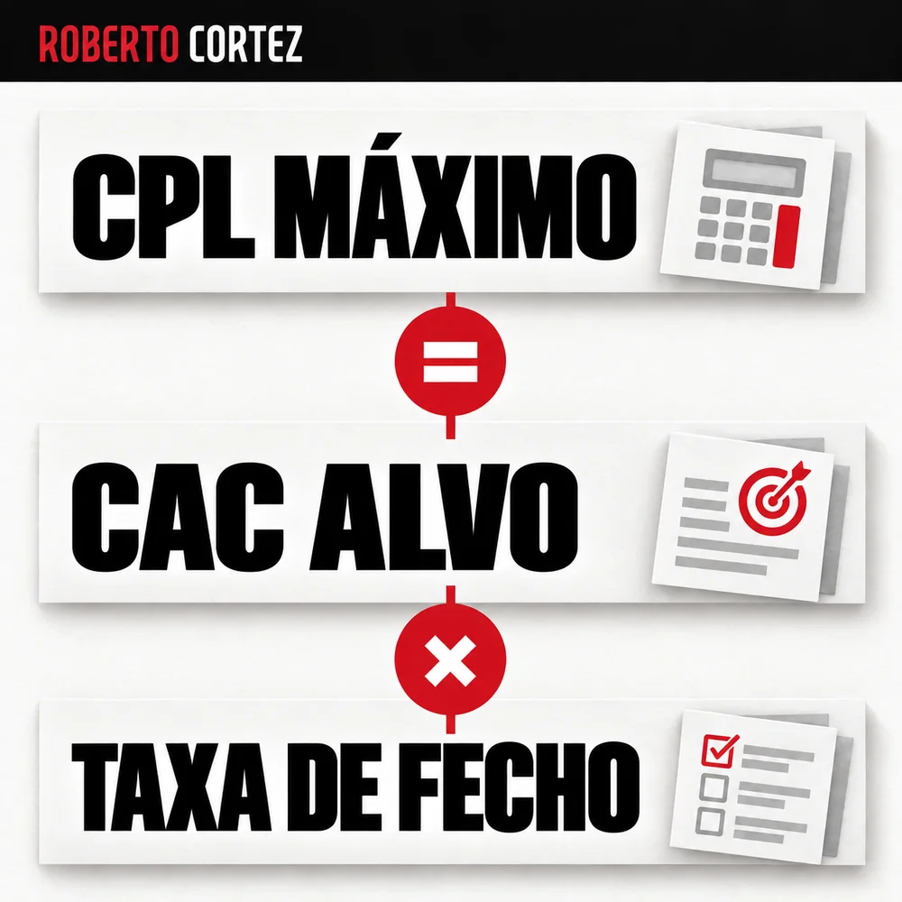O CPL máximo resulta do CAC alvo multiplicado pela taxa de fecho. Usa a taxa em formato decimal: 4% corresponde a 0,04. O limite depende da margem e dos dados reais do negócio.