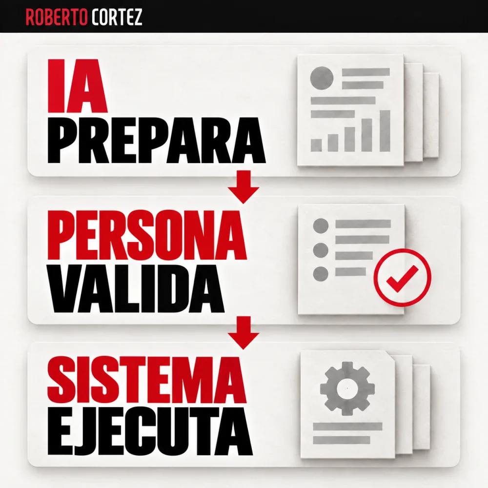 Una forma de distribuir el trabajo: la IA prepara, una persona experimentada valida y el sistema ejecuta dentro de los límites definidos. El criterio humano sigue formando parte de la entrega.
