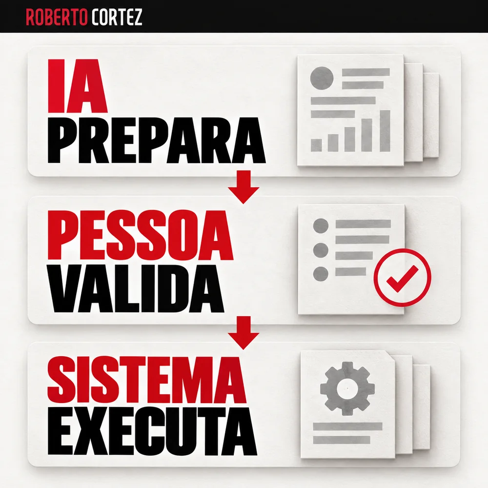 Nas tarefas que exigem interpretação e aprovação, separa a preparação pela IA, a validação humana e a execução. As decisões por limites numéricos podem continuar em regras fixas.