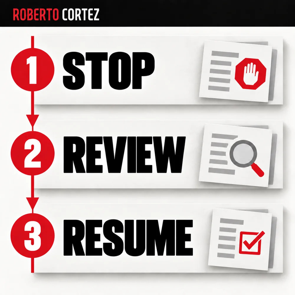 An exception should stop the affected action, request review and allow resumption without repeating completed work. A record of completed steps prevents duplication.