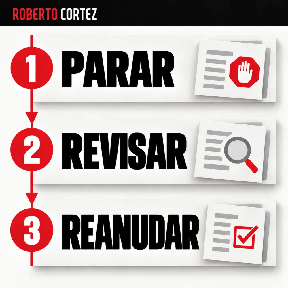 Una excepción debe detener la acción afectada, pedir revisión y permitir retomar sin repetir lo ya ejecutado. El registro de los pasos completados evita duplicaciones.