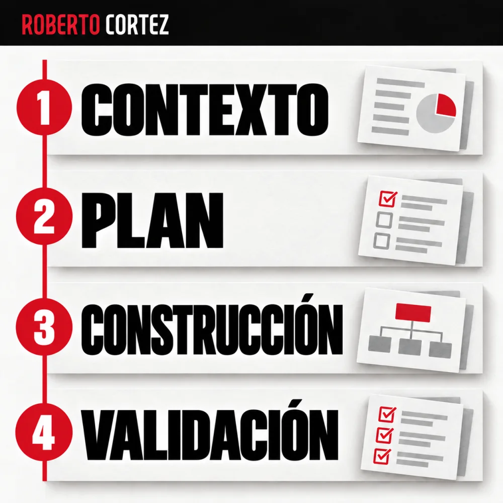 Del contexto a la validación: definir el problema, guardar el plan, construir por fases y comprobar el funcionamiento. El proceso puede requerir varias iteraciones.
