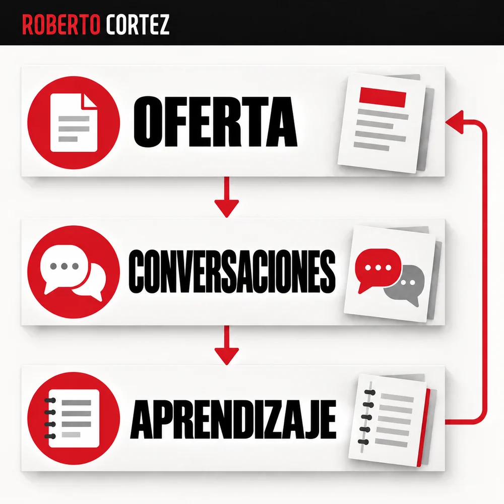 Escribe la oferta, conversa con posibles clientes y registra lo aprendido. Usa esa información para revisar la oferta; una respuesta de IA no demuestra demanda.